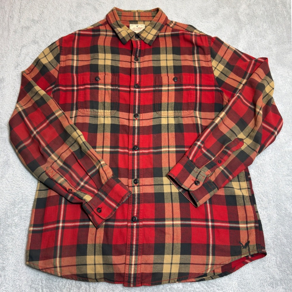 American Eagle Flannel Shirt Mens L Red Plaid Heritage Classic Fit Long Sleeve